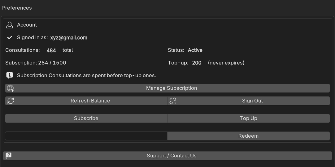 The add-on's Preferences panel showing the Consultations balance, Manage Subscription, Top Up, Redeem, and Support buttons