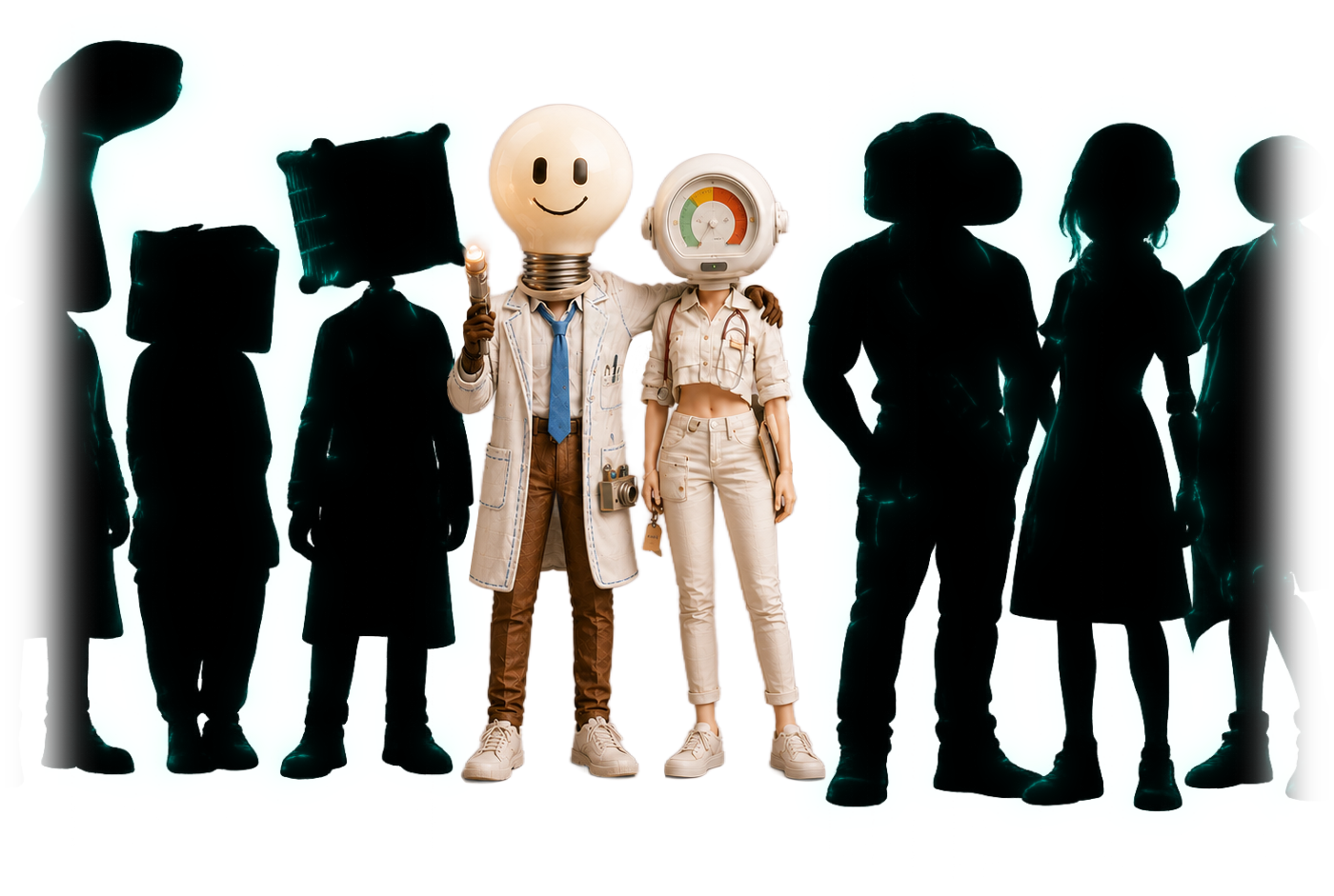 The CG General mascots: a lightbulb-headed diagnostics figure and a gauge-headed lighting figure, standing together with silhouetted teammates on either side